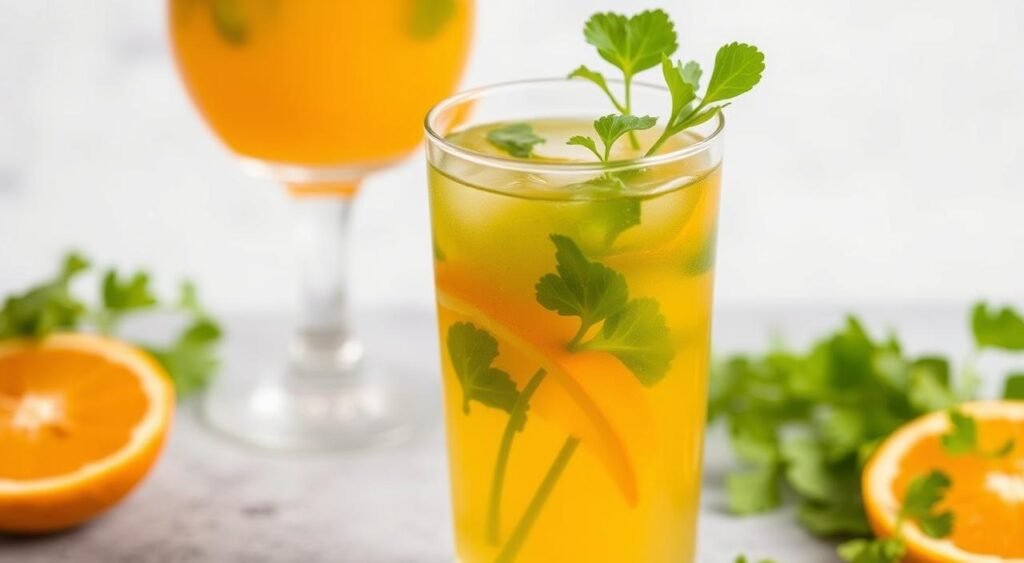 Imagem de um copo de suco de agrião e laranja fresco Imagem de um copo de suco de agrião e laranja fresco