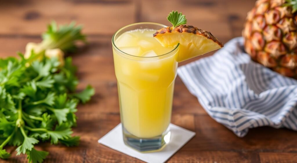 Imagem de um copo de suco de aipo e abacaxi fresco Imagem de um copo de suco de aipo e abacaxi fresco
