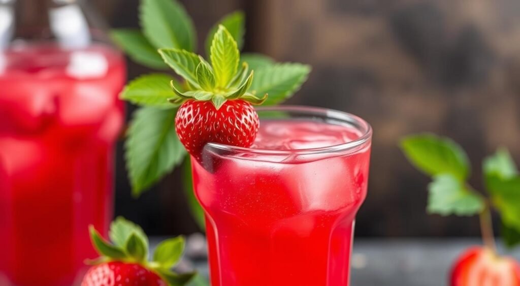 Imagem de um copo de suco de hibisco e morango fresco Imagem de um copo de suco de hibisco e morango fresco