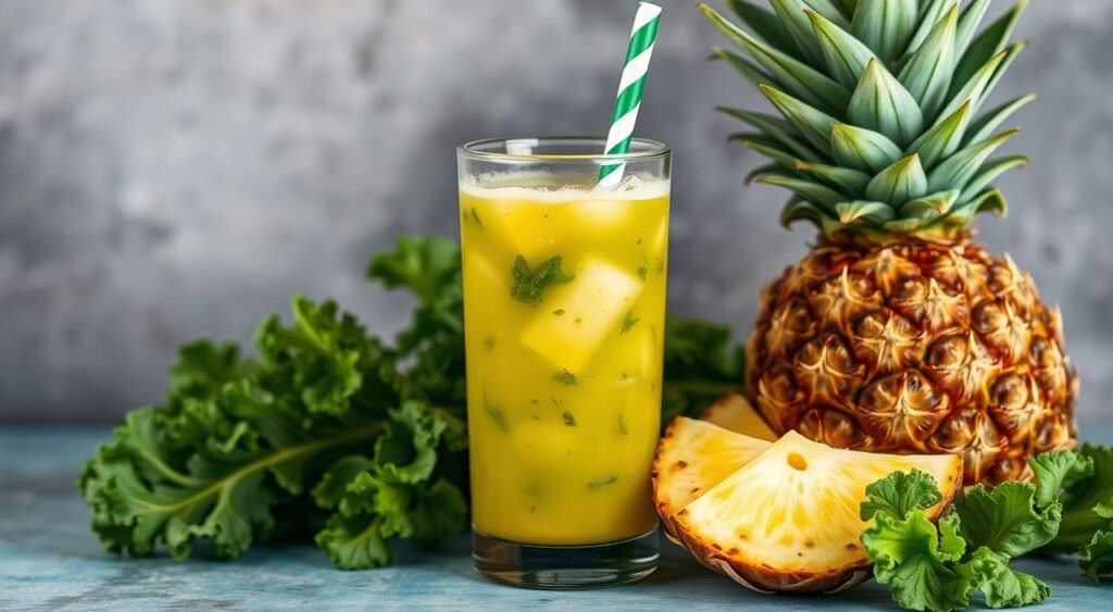 Imagem de um suco de abacaxi e couve fresco Imagem de um suco de abacaxi e couve fresco