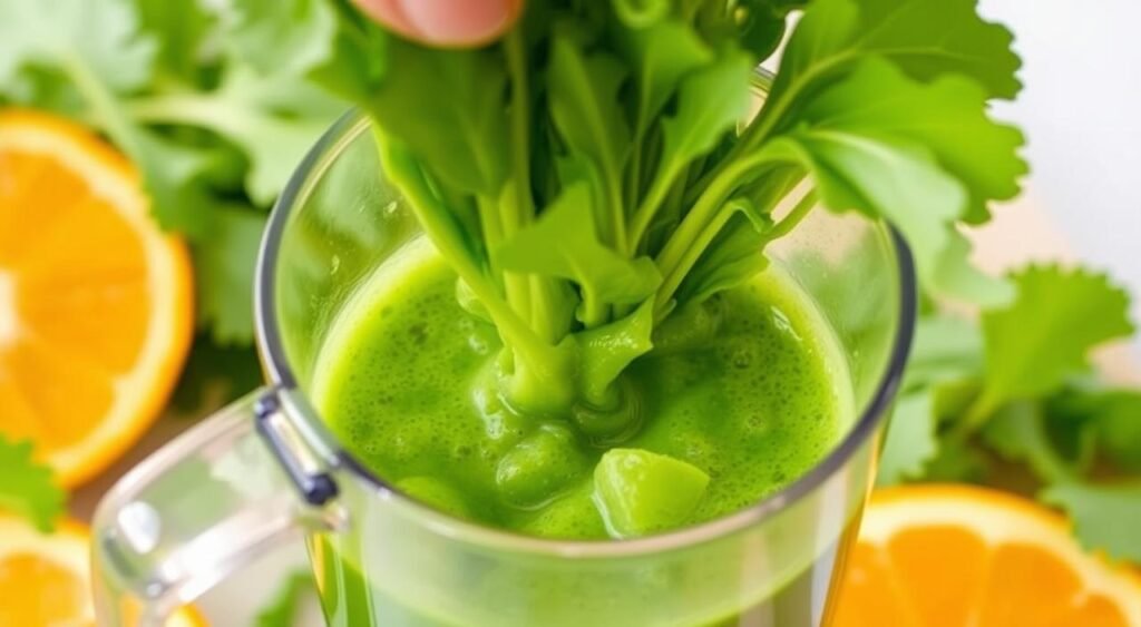 Imagem de um suco de agrião e laranja sendo preparado Imagem de um suco de agrião e laranja sendo preparado