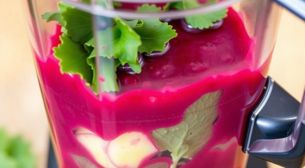 Imagem de um suco de beterraba, couve e gengibre sendo preparado em um liquidificador. Imagem de um suco de beterraba, couve e gengibre sendo preparado em um liquidificador.