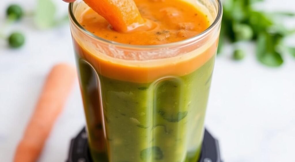 Imagem de um suco de cenoura e espinafre sendo preparado Imagem de um suco de cenoura e espinafre sendo preparado