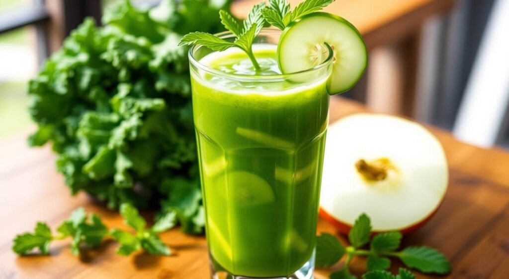 Imagem de um suco de couve, pepino e maçã Imagem de um suco de couve, pepino e maçã