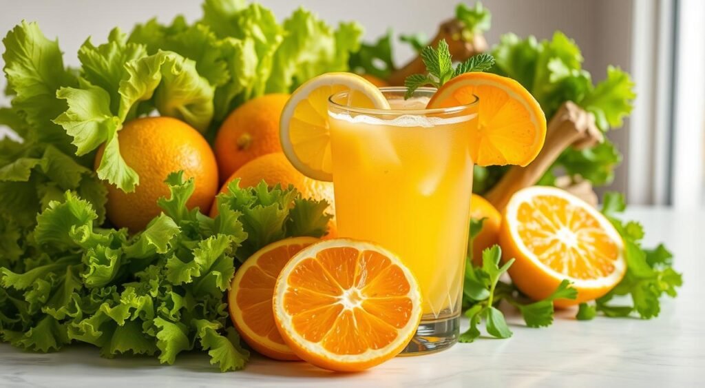 Imagem de um suco de limão, laranja e alface fresco Imagem de um suco de limão, laranja e alface fresco