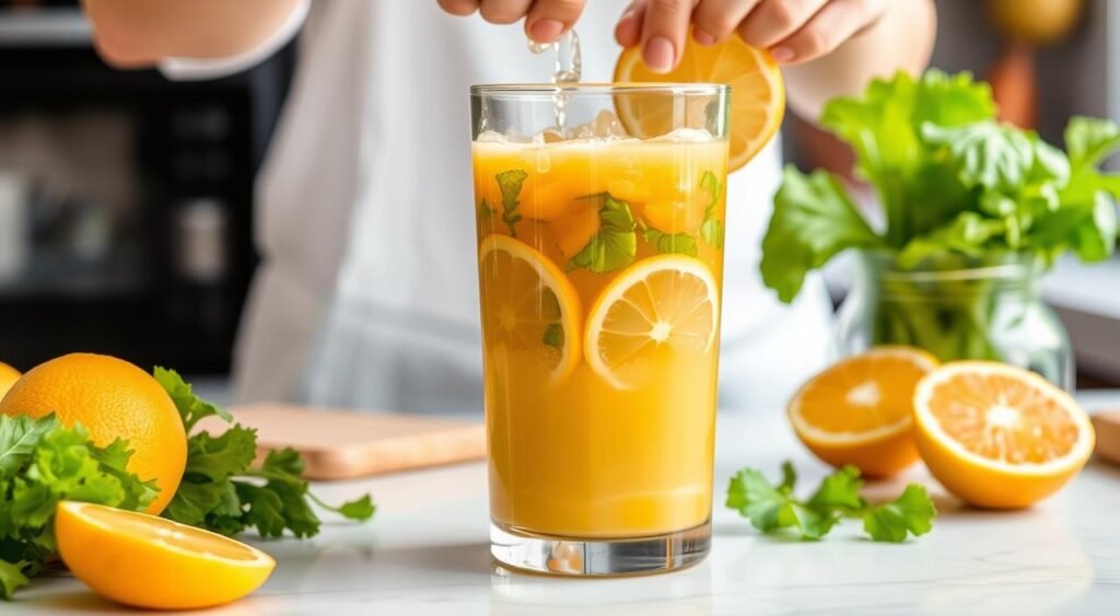 Imagem de um suco de limão, laranja e alface sendo preparado em uma cozinha saudável Imagem de um suco de limão, laranja e alface sendo preparado em uma cozinha saudável