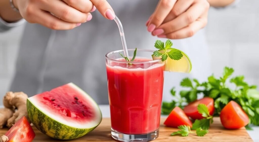 Imagem de um suco de melancia, gengibre e linhaça sendo preparado Imagem de um suco de melancia, gengibre e linhaça sendo preparado