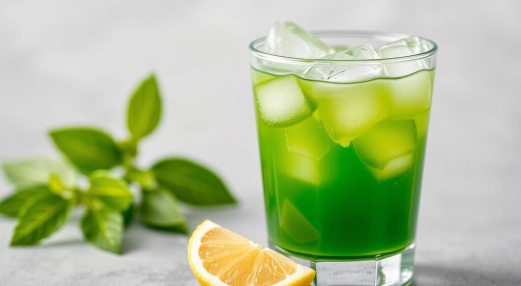 Imagem de um suco verde em um copo com gelo e uma fatia de limão ao lado Imagem de um suco verde em um copo com gelo e uma fatia de limão ao lado