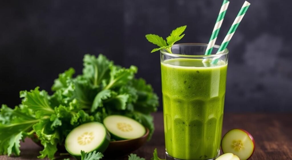 Imagem de um suco verde saudável feito com couve, pepino e maçã Imagem de um suco verde saudável feito com couve, pepino e maçã