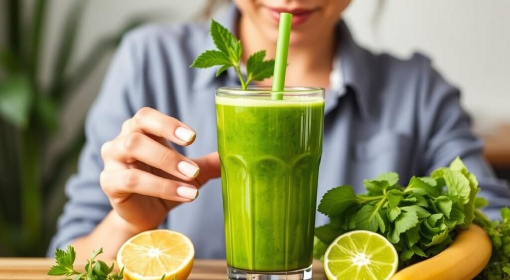 Imagem de uma pessoa bebendo um suco verde emagrecedor Imagem de uma pessoa bebendo um suco verde emagrecedor