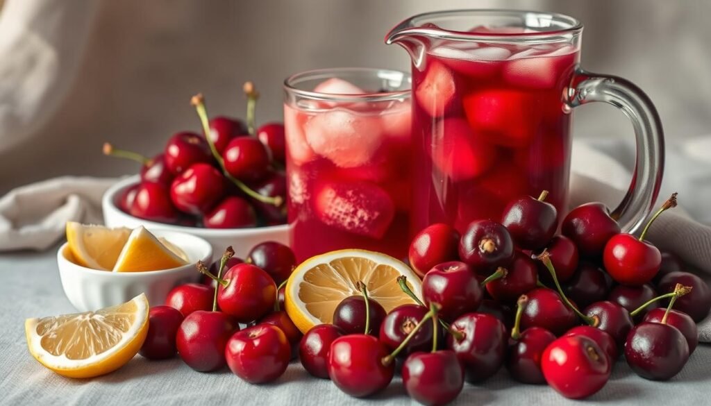 Ingredients for Acerola Juice: A Vibrant Still Life A bountiful assortment of fresh acerola cherries, their deep crimson hues gleaming under soft, natural lighting. Beside them, a glass pitcher filled with chilled, cloudy acerola juice, its rich, tangy aroma wafting through the air. Nearby, a simple white ceramic bowl holds sliced lemon wedges, their yellow-gold flesh ready to add a bright, citrusy kick. In the background, a neutral-toned kitchen towel provides a serene, uncluttered backdrop, allowing the vivid colors of the ingredients to take center stage. The overall composition exudes a sense of wholesome, homemade goodness, perfectly capturing the essence of the "Ingredientes e utensílios necessários" section. Ingredientes para Suco de Acerola: Uma Natureza Morta Vibrante Uma abundante variedade de cerejas de acerola frescas, cujas cores vermelho-escuro brilham sob uma iluminação suave e natural. Ao lado delas, uma jarra de vidro cheia de suco de acerola gelado e opaco, seu rico e azedo aroma pairando no ar. Perto, uma tigela simples de cerâmica branca contém fatias de limão, cuja polpa amarelo-dourada está pronta para adicionar um toque cítrico brilhante. Ao fundo, um pano de prato em tons neutros fornece um cenário sereno e desordenado, permitindo que as cores vívidas dos ingredientes fiquem em destaque. A composição geral exala uma sensação de bondade caseira e saudável, capturando perfeitamente a essência da seção "Ingredientes e utensílios necessários".