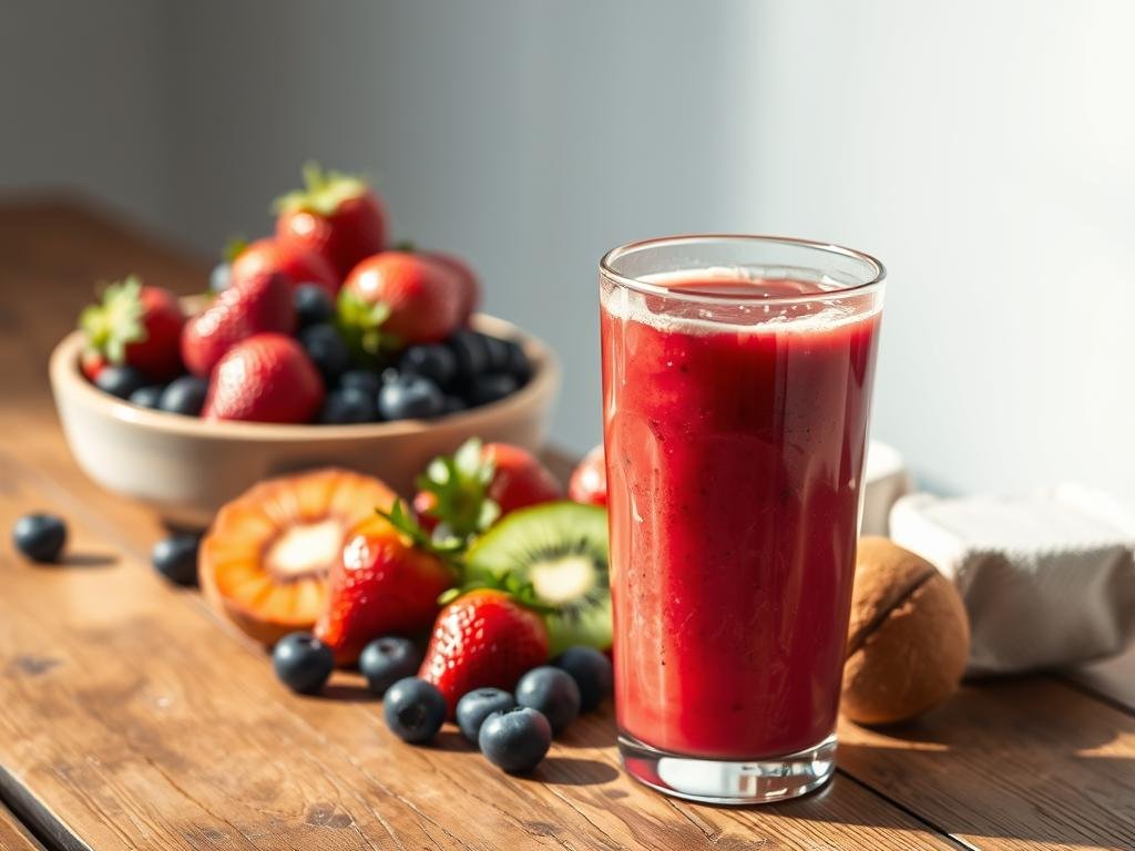 Ingredients for an antioxidant smoothie: fresh strawberries, blueberries, and kiwi arranged on a rustic wooden table, with a glass of the vibrant, nutrient-rich beverage in the foreground. Soft, natural lighting illuminates the scene, casting a warm, inviting glow. The composition emphasizes the vibrant colors and textures of the ingredients, evoking a sense of health and vitality. A minimalist, clean background allows the star ingredients to shine, capturing the essence of an indulgent yet wholesome antioxidant-packed refreshment. Ingredientes para um smoothie antioxidante: morangos frescos, mirtilos e kiwi dispostos sobre uma mesa rústica de madeira, com um copo da bebida vibrante e rica em nutrientes em primeiro plano. Uma iluminação suave e natural ilumina o ambiente, criando um brilho acolhedor e convidativo. A composição enfatiza as cores e texturas vibrantes dos ingredientes, evocando uma sensação de saúde e vitalidade. Um fundo minimalista e clean permite que os ingredientes principais brilhem, capturando a essência de um refresco indulgente, porém completo, repleto de antioxidantes.
