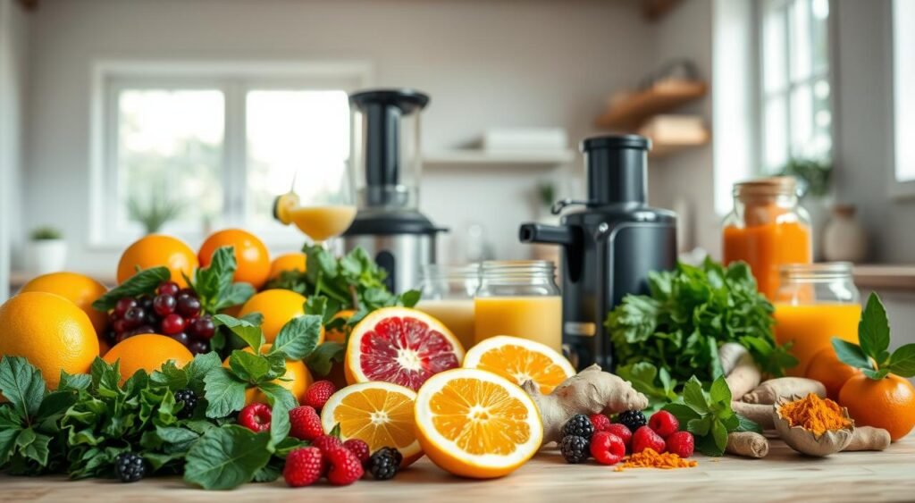 Vibrant assortment of fresh, nutrient-dense ingredients for immune-boosting juices. Foreground features an array of citrus fruits, berries, leafy greens, ginger, and turmeric, their vivid colors and textures drawing the eye. Midground showcases a variety of juicing tools - a juicer, cutting board, and glass jars. Background depicts a bright, airy kitchen with sunlight streaming through large windows, creating a warm, inviting ambiance. Soft, even lighting highlights the natural beauty of the ingredients, conveying a sense of health, vitality, and the power of nature to nourish the body. Vibrant assortment of fresh, nutrient-dense ingredients for immune-boosting juices. Foreground features an array of citrus fruits, berries, leafy greens, ginger, and turmeric, their vivid colors and textures drawing the eye. Midground showcases a variety of juicing tools - a juicer, cutting board, and glass jars. Background depicts a bright, airy kitchen with sunlight streaming through large windows, creating a warm, inviting ambiance. Soft, even lighting highlights the natural beauty of the ingredients, conveying a sense of health, vitality, and the power of nature to nourish the body.