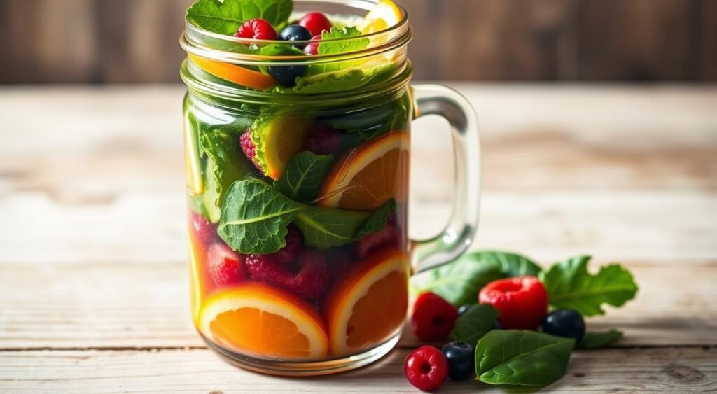 Vibrant, freshly blended detox smoothie in a mason jar, filled with an array of nutrient-rich fruits and vegetables - crisp kale, juicy oranges, vibrant berries, earthy spinach. Soft, diffused lighting illuminates the glass, casting a warm, inviting glow. The drink is set against a minimalist, natural backdrop of a rustic wooden table, evoking a sense of purity and wellness. The composition is captured from a slightly elevated angle, drawing the viewer's eye to the alluring, rejuvenating elixir. An atmosphere of tranquility and balance pervades the scene, reflecting the revitalizing power of the detox smoothie to nourish and revitalize the skin. Suco Detox Para Melhorar a Pele