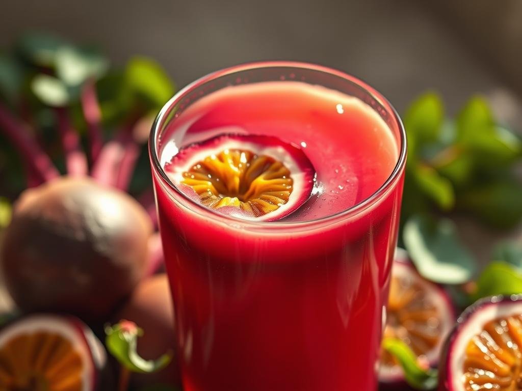 Vibrant natural fruit juice overflowing with antioxidant-rich ingredients. Lush, ripe passion fruit and earthy beets in a glass, artfully composed in soft, natural lighting. Warm hues and a dewy, refreshing atmosphere evoke the healthful, energizing properties of this nourishing beverage. Sliced passion fruit and beet garnishes accent the center of the frame, drawing the eye to the vibrant colors and textures. A sense of balance and vitality pervades the scene, inviting the viewer to experience the restorative power of this wholesome juice. Suco de Maracujá com Beterraba