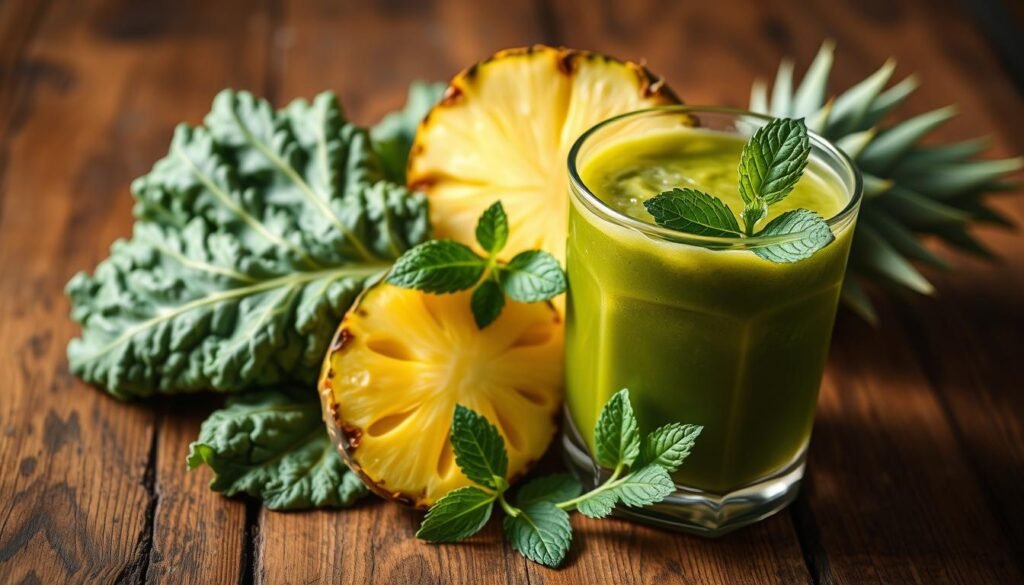 Vibrant personalized functional juice, featuring a lush green leaf of kale, a juicy pineapple wedge, and a sprig of fresh mint. The ingredients are artfully arranged on a rustic wooden surface, bathed in soft, warm lighting that highlights their natural textures and colors. The overall composition conveys a sense of healthy indulgence, inviting the viewer to imagine the refreshing and diuretic properties of this custom juice blend. The scene is captured from a slightly elevated angle, creating depth and emphasizing the carefully curated presentation. Um suco funcional vibrante e personalizado, com uma folha verdejante de couve, uma fatia suculenta de abacaxi e um raminho de hortelã fresca. Os ingredientes são artisticamente dispostos sobre uma superfície rústica de madeira, banhados por uma iluminação suave e aconchegante que realça suas texturas e cores naturais. A composição geral transmite uma sensação de prazer saudável, convidando o espectador a imaginar as propriedades refrescantes e diuréticas deste suco personalizado. A cena é capturada de um ângulo ligeiramente elevado, criando profundidade e enfatizando a apresentação cuidadosamente selecionada.