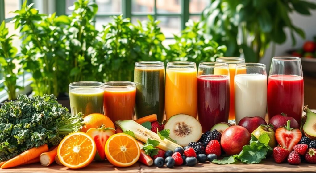 Vibrant, sun-drenched image of an assortment of fresh, nutrient-rich smoothies and juices arranged on a rustic wooden table. An array of whole fruits and vegetables in the foreground - oranges, carrots, kale, berries - creating a visually appealing and appetizing display. The middle ground features the prepared beverages, each with a unique color and texture, reflecting the diverse ingredients. In the background, a lush, verdant indoor plant or herb garden, suggesting a natural, healthy setting. Soft, diffused lighting gently illuminates the scene, creating a warm, inviting atmosphere. An image that captures the essence of the "Os Benefícios dos Sucos para o Sistema Imunológico" section, inspiring viewers to nourish their bodies and bolster their immune defenses. Suco Energéticos para Aumentar a Imunidade