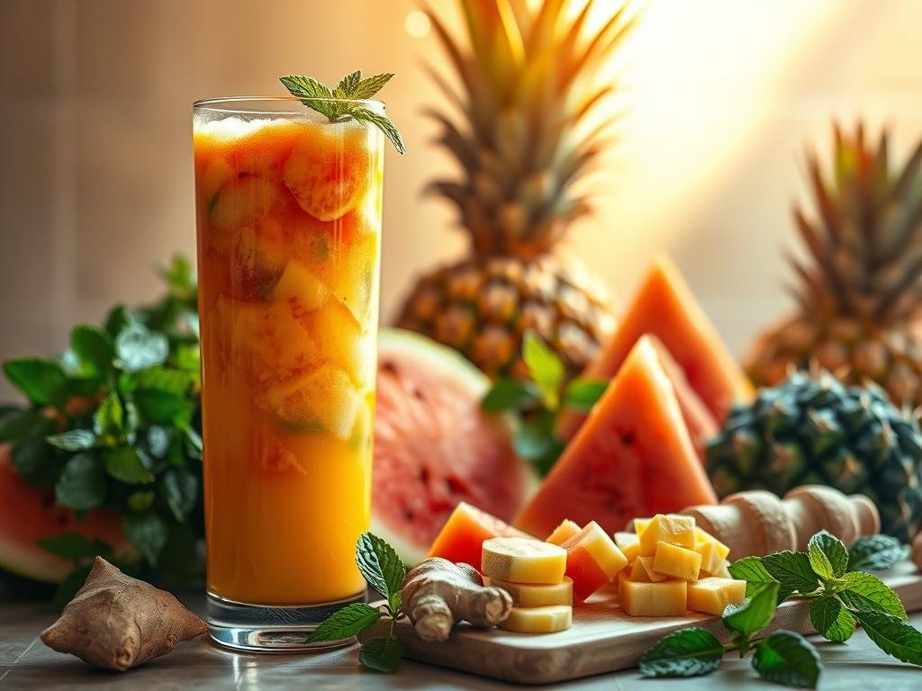 a lush, vibrant still life of tropical fruits and herbs, bathed in warm, golden light. In the foreground, a freshly blended tropical fruit smoothie, its inviting, vibrant colors swirling and reflecting the light. Surrounding the smoothie, an assortment of ripe, juicy watermelon slices, pineapple wedges, and sprigs of mint, arranged in an artful, organic manner. In the middle ground, a cutting board with sliced ginger root and a wooden muddler, hinting at the aromatic and medicinal properties of the ingredients. The background features a soft, hazy backdrop, perhaps a tiled kitchen counter or a neutral wall, allowing the vibrant colors and textures of the tropical elements to take center stage. The overall mood is one of refreshment, health, and the bounty of the summer season. Uma natureza-morta exuberante e vibrante de frutas e ervas tropicais, banhada por uma luz quente e dourada. Em primeiro plano, um smoothie de frutas tropicais recém-batido, suas cores vibrantes e convidativas girando e refletindo a luz. Ao redor do smoothie, uma variedade de fatias de melancia maduras e suculentas, fatias de abacaxi e raminhos de hortelã, dispostos de maneira artística e orgânica. No meio, uma tábua de corte com raiz de gengibre fatiada e um socador de madeira, sugerindo as propriedades aromáticas e medicinais dos ingredientes. O fundo apresenta um cenário suave e nebuloso, talvez uma bancada de cozinha de azulejos ou uma parede neutra, permitindo que as cores e texturas vibrantes dos elementos tropicais ocupem o centro do palco. O clima geral é de frescor, saúde e a abundância da temporada de verão.