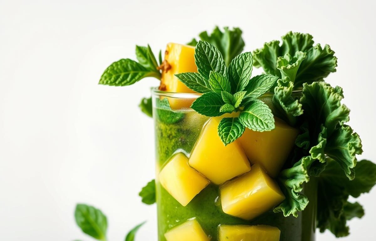 suco de couve com abacaxi e hortelã