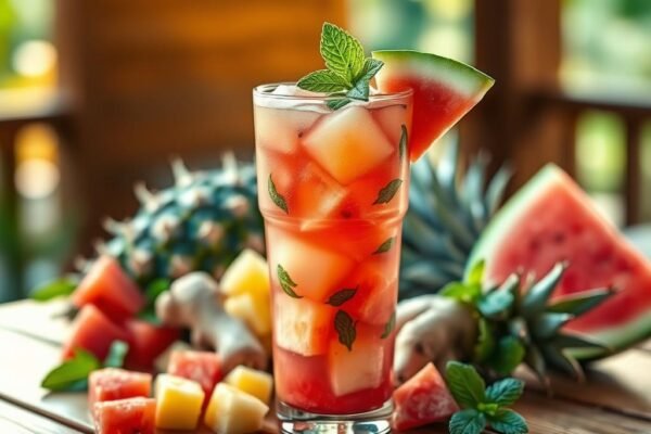 suco de melancia com abacaxi, hortelã e gengibre