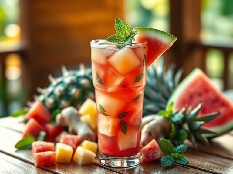 suco de melancia com abacaxi, hortelã e gengibre
