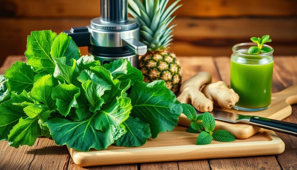 A bountiful array of fresh, vibrant ingredients sits atop a rustic wooden table, bathed in warm, natural light. In the foreground, a juicer, a cutting board, and a sharp knife stand ready to transform the raw materials into a nutritious green elixir. Leafy kale, a juicy pineapple, a knobby ginger root, and a sprig of fragrant mint create a harmonious still life, hinting at the refreshing and invigorating beverage to come. The composition is balanced, with the ingredients organized in an aesthetically pleasing manner, inviting the viewer to imagine the satisfying process of preparing this wholesome, homemade juice. Suco Verde de Couve com Abacaxi, Chia, Gengibre e Hortelã