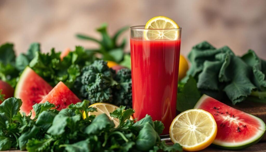 A bountiful display of fresh fruits and vegetables, capturing the essence of a nourishing and vibrant juice. In the foreground, a tall glass filled with a crimson-hued liquid, complemented by sliced watermelon and lemon wedges. The middle ground showcases an array of leafy greens, from crisp kale to verdant spinach, symbolizing the array of nutrients within the juice. In the background, a soft, diffused lighting creates a warm, inviting atmosphere, highlighting the natural goodness of the ingredients. The composition conveys a sense of health, vitality, and the rejuvenating power of this refreshing elixir. Uma exibição abundante de frutas e vegetais frescos, capturando a essência de um suco nutritivo e vibrante. Em primeiro plano, um copo alto cheio de um líquido de tom carmesim, complementado por fatias de melancia e gomos de limão. O centro exibe uma variedade de folhas verdes, da couve crocante ao espinafre verdejante, simbolizando a variedade de nutrientes contidos no suco. Ao fundo, uma iluminação suave e difusa cria uma atmosfera acolhedora e convidativa, destacando a bondade natural dos ingredientes. A composição transmite uma sensação de saúde, vitalidade e o poder rejuvenescedor deste elixir refrescante.