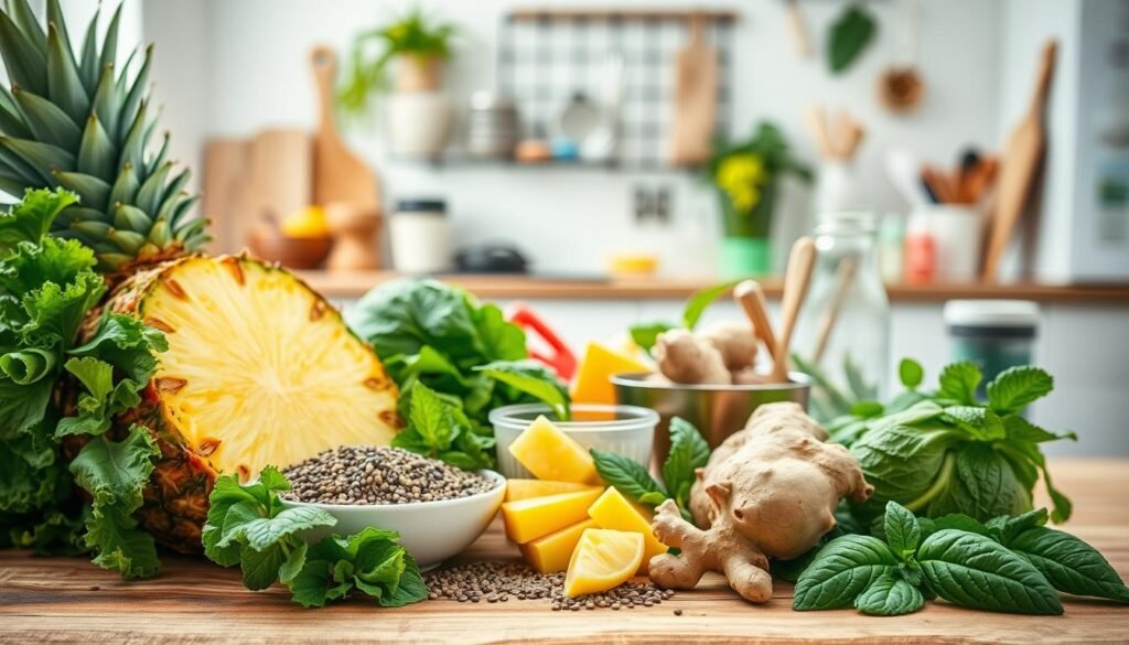A bright, vibrant, and visually appealing image showcasing healthy recipe adaptations. The foreground features an assortment of fresh ingredients including kale, pineapple, chia seeds, ginger, and mint leaves, artfully arranged on a wooden surface. The middle ground presents various kitchen tools and gadgets, hinting at the process of recipe modification. The background portrays a clean, airy, and modern kitchen setting with natural lighting flooding the scene. The overall atmosphere exudes a sense of wellness, inviting the viewer to explore the versatility and benefits of adapting healthy recipes. Uma imagem brilhante, vibrante e visualmente atraente exibindo adaptações de receitas saudáveis. O primeiro plano apresenta uma variedade de ingredientes frescos, incluindo couve, abacaxi, sementes de chia, gengibre e folhas de hortelã, artisticamente dispostos sobre uma superfície de madeira. O plano intermediário mostra várias ferramentas e gadgets de cozinha, sugerindo o processo de modificação de receitas. O fundo retrata um ambiente de cozinha limpo, arejado e moderno, com luz natural inundando a cena. A atmosfera geral emana uma sensação de bem-estar, convidando o espectador a explorar a versatilidade e os benefícios da adaptação de receitas saudáveis.