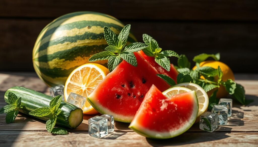 A crisp, sunlit still life capturing an artful arrangement of fresh watermelon, cucumber, lemon, mint, and ice cubes on a rustic wooden table. The vibrant colors and textures of the ingredients create a visually appealing and appetizing composition, hinting at the refreshing and detoxifying properties of the upcoming beverage. Soft shadows and highlights accentuate the three-dimensional quality, while the camera angle provides an engaging, close-up perspective that draws the viewer in. The overall mood is clean, natural, and inviting, setting the stage for the preparation of a healthy, hydrating watermelon-cucumber juice. Uma natureza-morta nítida e iluminada pelo sol captura um arranjo artístico de melancia fresca, pepino, limão, hortelã e cubos de gelo sobre uma mesa rústica de madeira. As cores e texturas vibrantes dos ingredientes criam uma composição visualmente atraente e apetitosa, sugerindo as propriedades refrescantes e desintoxicantes da bebida. Sombras e realces suaves acentuam a qualidade tridimensional, enquanto o ângulo da câmera proporciona uma perspectiva envolvente e próxima que atrai o espectador. O clima geral é limpo, natural e convidativo, preparando o cenário para o preparo de um suco de melancia e pepino saudável e hidratante.