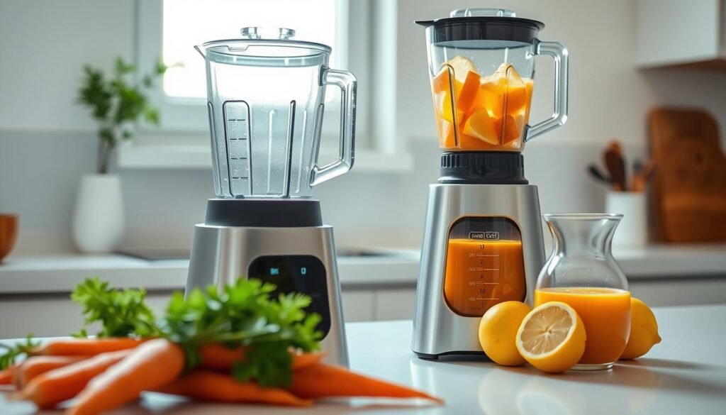 A detailed, step-by-step process of preparing a refreshing carrot and lemon juice in a modern blender. The blender is placed on a clean, minimalist kitchen counter, with fresh carrots, lemons, and a glass carafe in the foreground. Soft, natural lighting from a nearby window creates a warm, inviting atmosphere. The blender's transparent container allows the vibrant orange and yellow colors of the ingredients to shine through, hinting at the bright, nutritious final product. The overall scene conveys a sense of efficiency, simplicity, and healthy living. Um processo detalhado, passo a passo, de preparo de um suco refrescante de cenoura e limão em um liquidificador moderno. O liquidificador está colocado em uma bancada de cozinha limpa e minimalista, com cenouras frescas, limões e uma jarra de vidro em primeiro plano. A luz suave e natural de uma janela próxima cria uma atmosfera acolhedora e convidativa. O recipiente transparente do liquidificador permite que as vibrantes cores laranja e amarelo dos ingredientes se destaquem, sugerindo o produto final brilhante e nutritivo. A cena geral transmite uma sensação de eficiência, simplicidade e vida saudável.