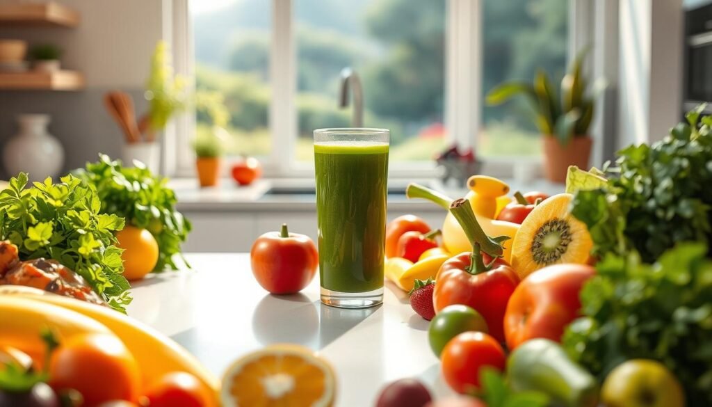 A lush, vibrant scene of a variety of fresh, juicy fruits and vegetables arranged in the foreground, with a glass filled with a green, rejuvenating detox juice in the center. The middle ground features a sleek, modern kitchen counter, bathed in warm, natural lighting. In the background, a serene window overlooks a tranquil outdoor landscape, adding a sense of calmness and balance. The overall composition conveys the refreshing and purifying properties of the detox juice, emphasizing its health benefits and the harmony between nature and wellness. Suco de Melancia com Pepino