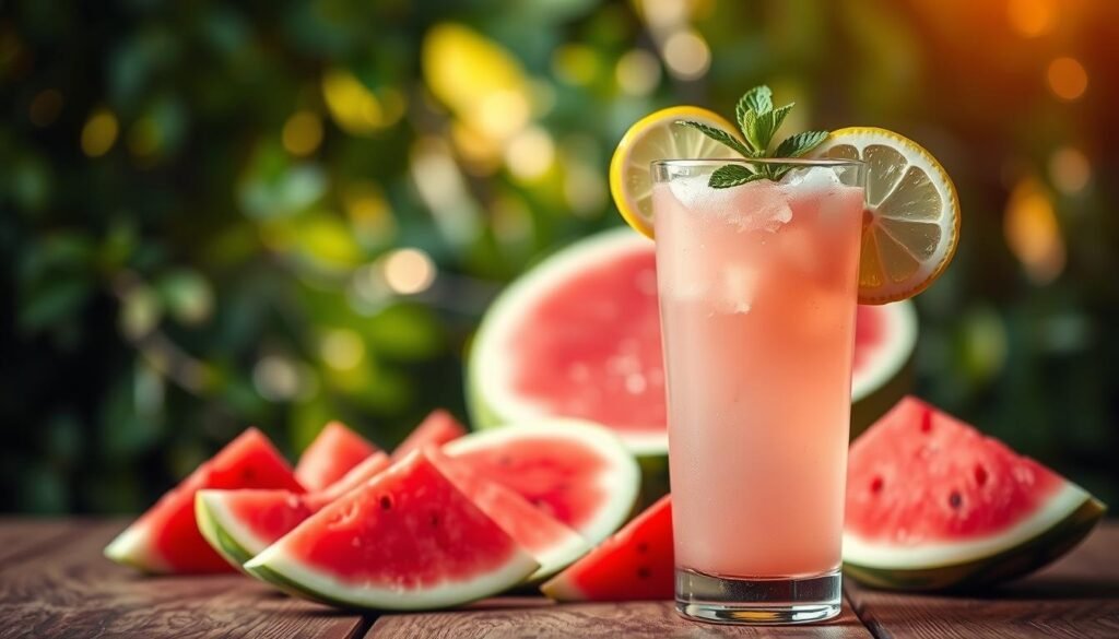 A refreshing and vibrant watermelon lemonade scene. In the foreground, a tall glass filled with a pale pink liquid, garnished with a slice of lemon and a sprig of mint, resting on a rustic wooden table. The middle ground features an array of watermelon slices, their vibrant red flesh contrasting with the bright green rind. In the background, a lush, verdant setting with blurred foliage creates a serene, natural ambiance. Soft, warm lighting from an unseen source casts a gentle glow, enhancing the refreshing, summery atmosphere. The overall composition evokes a sense of thirst-quenching delight and the perfect antidote to the summer heat. Suco de Melancia com Limão