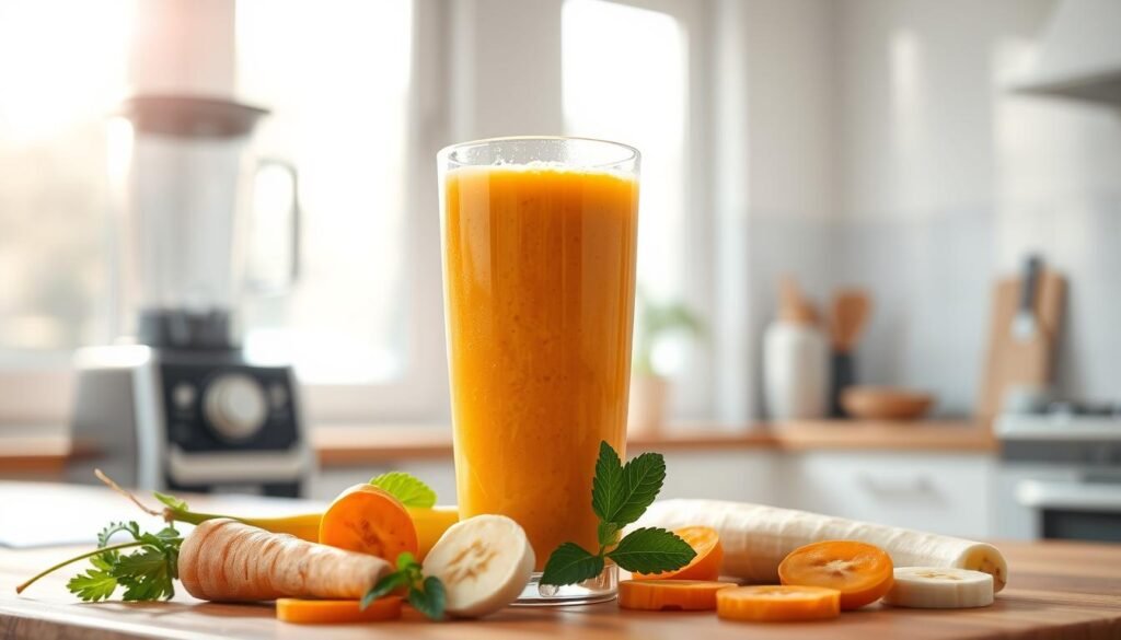 A refreshing glass of energetic carrot and banana smoothie, with a vibrant orange hue and a creamy, frothy texture. The smoothie is set against a bright, airy kitchen backdrop, with sunlight streaming in through large windows, casting a warm, natural glow. The foreground features the glass filled with the smoothie, surrounded by sliced carrots and banana slices, as well as a sprig of fresh mint for a touch of herbal freshness. The mid-ground showcases a wooden countertop, with a blender and a few other kitchen utensils, hinting at the process of creating this nourishing beverage. The background features a clean, minimalist tile wall, creating a clean and inviting atmosphere. The overall scene captures the essence of a simple, yet energizing carrot and banana smoothie recipe, perfect for a healthy start to the day. Suco de Cenoura com Banana