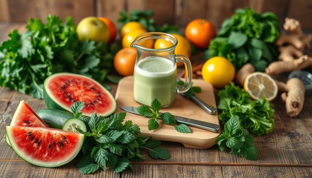 A rustic wooden table is set with a bounty of fresh, vibrant ingredients for a detox smoothie. In the foreground, a sliced watermelon, cucumber, and leafy greens are arranged artfully. The middle ground features a glass pitcher filled with a pale green liquid, surrounded by a cutting board with a knife and a bundle of mint sprigs. In the background, a selection of citrus fruits, ginger root, and whole spices add depth and complexity to the scene. Soft, natural lighting casts a warm, inviting glow over the composition, highlighting the vibrant colors and textures of the ingredients. The overall atmosphere evokes a sense of wellness, nourishment, and a healthy lifestyle. Uma mesa rústica de madeira está posta com uma abundância de ingredientes frescos e vibrantes para um smoothie detox. Em primeiro plano, fatias de melancia, pepino e folhas verdes estão artisticamente dispostas. No meio, uma jarra de vidro cheia de um líquido verde-claro, cercada por uma tábua de corte com uma faca e um maço de raminhos de hortelã. Ao fundo, uma seleção de frutas cítricas, raiz de gengibre e especiarias integrais adicionam profundidade e complexidade à cena. Uma iluminação suave e natural lança um brilho acolhedor e convidativo sobre a composição, destacando as cores e texturas vibrantes dos ingredientes. A atmosfera geral evoca uma sensação de bem-estar, nutrição e um estilo de vida saudável.