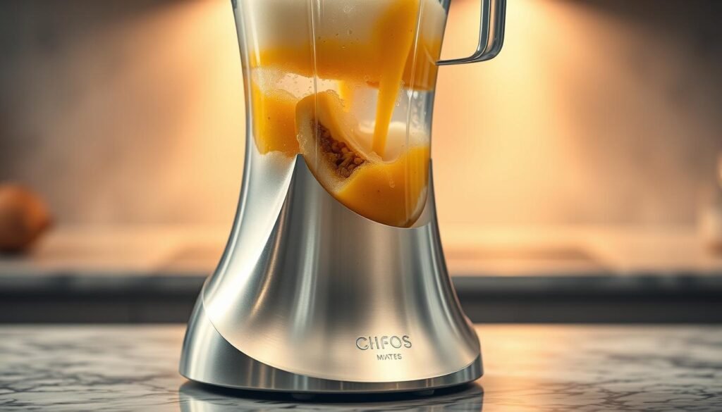 A stainless steel blender sits on a sleek, granite countertop, its blades whirring to life. Ripe, golden passion fruit and fresh, coconut water cascade into the container, creating a frothy, vibrant blend. Warm, diffused lighting from above casts a soft glow, highlighting the transparency of the ingredients and the smooth, velvety texture of the mixture. The blender's curved, streamlined design and gleaming finish evoke a sense of modern sophistication, while the natural elements convey a refreshing, tropical essence. The overall scene radiates a harmonious balance between technology and nature, perfectly capturing the essence of "Suco de maracujá com água de coco: explosão de sabor e hidratação." Um liquidificador de aço inoxidável está sobre uma bancada de granito elegante, suas lâminas ganhando vida. Maracujás maduros e dourados e água de coco fresca escorrem para o recipiente, criando uma mistura espumosa e vibrante. A iluminação quente e difusa de cima lança um brilho suave, destacando a transparência dos ingredientes e a textura suave e aveludada da mistura. O design curvo e aerodinâmico do liquidificador e seu acabamento brilhante evocam uma sensação de sofisticação moderna, enquanto os elementos naturais transmitem uma essência tropical refrescante. A cena geral irradia um equilíbrio harmonioso entre tecnologia e natureza, capturando perfeitamente a essência de 'Suco de maracujá com água de coco: explosão de sabor e hidratação.'