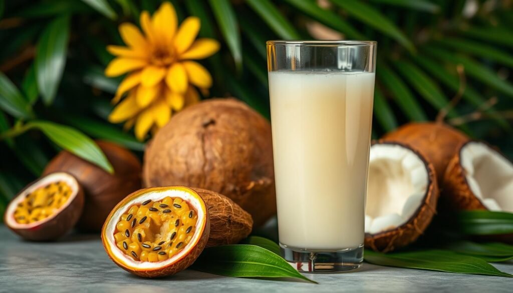 A still life arrangement showcasing the vibrant and refreshing benefits of passion fruit and coconut water. In the foreground, a ripe passion fruit is cut open, revealing its vivid yellow flesh and numerous black seeds. Beside it, a glass filled with a creamy, translucent coconut water, reflecting the warm, natural lighting. In the middle ground, additional whole passion fruits and coconuts are arranged, highlighting their contrasting textures and colors. The background features a lush, tropical foliage, creating a serene, soothing ambiance. The overall composition emphasizes the synergistic health benefits and flavorful combination of these two superfood ingredients. Uma disposição de naturezas-mortas destacando os benefícios vibrantes e refrescantes da fruta da paixão e da água de coco. Em primeiro plano, uma fruta da paixão madura está cortada ao meio, revelando sua polpa amarela vívida e numerosas sementes pretas. Ao lado, um copo cheio de água de coco cremosa e translúcida, refletindo a iluminação natural e quente. Ao fundo, frutas da paixão e cocos inteiros estão dispostos, destacando suas texturas e cores contrastantes. O fundo apresenta uma folhagem tropical exuberante, criando uma atmosfera serena e calmante. A composição geral enfatiza os benefícios sinérgicos para a saúde e a combinação saborosa desses dois ingredientes superalimentos.
