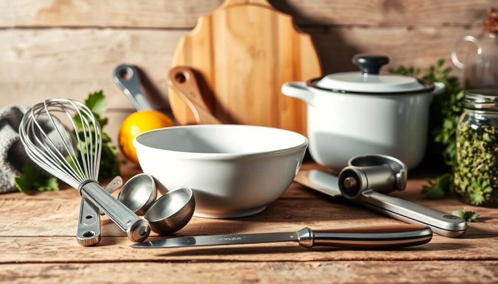 A stylized still life featuring a collection of essential kitchen utensils arranged on a rustic wooden table. In the foreground, a stainless steel whisk, a set of measuring spoons, and a sharp chef's knife rest against a white ceramic bowl. In the middle ground, a wooden cutting board is flanked by a lemon juicer and a sturdy vegetable peeler. In the background, a vintage enameled saucepan and a glass jar filled with herbs cast soft shadows, creating a warm, inviting atmosphere. The lighting is soft and diffused, accentuating the natural textures and colors of the objects. This composition celebrates the simple yet indispensable tools required for preparing nourishing, homemade meals. Uma natureza-morta estilizada apresentando uma coleção de utensílios de cozinha essenciais dispostos sobre uma mesa rústica de madeira. Em primeiro plano, um batedor de metal inox, um conjunto de colheres medidoras e uma faca de chef afiada repousam contra uma tigela de cerâmica branca. No plano médio, uma tábua de madeira é ladeada por um espremedor de limão e um descascador de legumes robusto. Ao fundo, uma panela esmaltada vintage e um pote de vidro cheio de ervas projetam sombras suaves, criando uma atmosfera acolhedora e convidativa. A iluminação é suave e difusa, realçando as texturas e cores naturais dos objetos. Esta composição celebra as ferramentas simples, mas indispensáveis, necessárias para preparar refeições caseiras nutritivas.