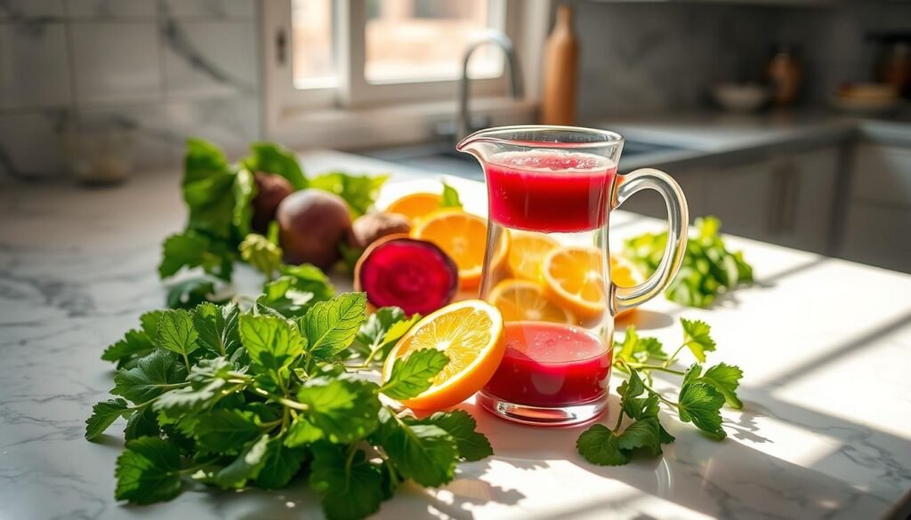 A sunlit kitchen counter showcases an array of fresh ingredients: a vibrant red beet, crisp orange slices, and an assortment of green leafy vegetables. The vegetables are neatly arranged, casting dynamic shadows on the marble surface. An elegant glass pitcher stands in the foreground, ready to receive the nutritious blend. Soft, diffused lighting from a nearby window illuminates the scene, creating a warm and inviting atmosphere. The overall composition exudes a sense of health, vitality, and culinary artistry, perfectly encapsulating the "Preparo de bebida nutritiva" theme. Um balcão de cozinha iluminado pelo sol exibe uma variedade de ingredientes frescos: uma beterraba vermelha vibrante, fatias crocantes de laranja e uma variedade de vegetais de folhas verdes. Os vegetais estão dispostos ordenadamente, projetando sombras dinâmicas na superfície de mármore. Uma elegante jarra de vidro está em primeiro plano, pronta para receber a mistura nutritiva. Uma iluminação suave e difusa vinda de uma janela próxima ilumina o ambiente, criando uma atmosfera acolhedora e convidativa. A composição geral exala uma sensação de saúde, vitalidade e arte culinária, encapsulando perfeitamente o tema "Preparo de bebida nutritiva".