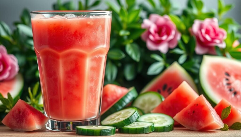 A vibrant and refreshing illustration of the benefits of the hydrating watermelon and cucumber juice. In the foreground, a glass filled with the lush green and pink liquid, capturing the essence of the refreshing beverage. Surrounding the glass, an array of sliced watermelon and cucumber, showcasing the key ingredients. In the middle ground, a backdrop of lush, verdant foliage, hinting at the natural and wholesome origins of the ingredients. Soft, diffused lighting illuminates the scene, creating a serene and inviting atmosphere. The overall composition conveys the hydrating, detoxifying, and nourishing properties of this superfood juice. Suco de Melancia com Pepino