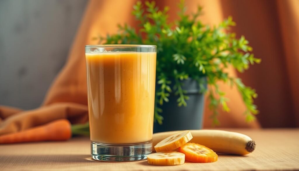 A vibrant, appetizing still life depicting a glass of creamy, golden carrot and banana smoothie, set against a warm, cozy backdrop. The glass is positioned in the foreground, reflecting the soft, natural lighting and casting a gentle glow. In the middle ground, a few fresh carrot slices and ripe banana slices are arranged artfully, hinting at the wholesome ingredients. The background features a lush, verdant potted plant, adding a touch of life and natural vitality to the scene. The overall mood is one of nourishment, energy, and a sense of indulgence, perfectly capturing the essence of the "Energia, Sabor e Nutrição" section. Suco de Cenoura com Banana