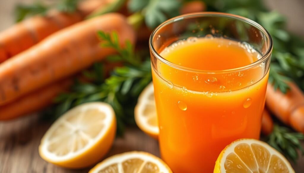 A vibrant close-up of fresh carrot juice, glistening with droplets and surrounded by slices of lemon. The foreground features the juice in a transparent glass, illuminated by soft, natural lighting that creates a warm, inviting atmosphere. The middle ground showcases the halved lemon, its bright yellow hue complementing the rich orange of the carrot juice. In the background, a blurred arrangement of whole carrots and leaves, hinting at the healthful origins of this refreshing beverage. The overall composition conveys the simplicity, refreshment, and immune-boosting benefits of this nourishing carrot and lemon juice. Suco de Cenoura com Limão
