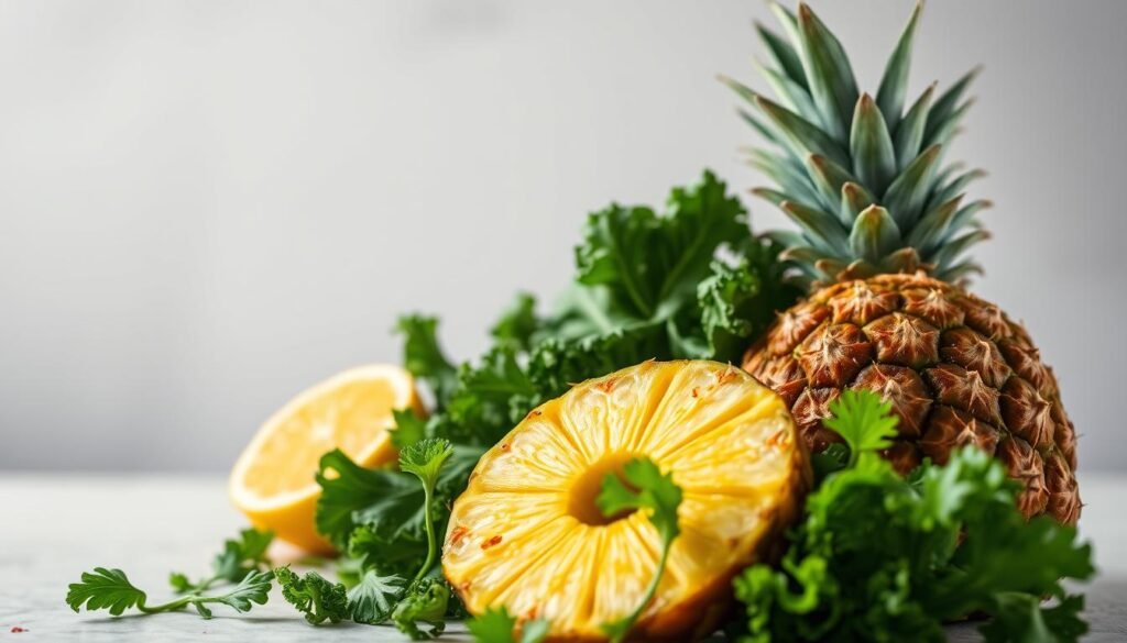 A vibrant, close-up still life showcasing an array of fresh, natural ingredients for a detox smoothie. In the foreground, a juicy pineapple slice and a handful of crisp, green kale leaves are arranged artfully against a soft, diffused backdrop. The middle ground features a sliced lemon, its vibrant yellow hue complementing the earthy tones of the greens. Subtle highlights from a warm, overhead lighting source add depth and dimension to the scene. The overall mood is one of vitality, health, and the inherent goodness of nature's bounty. Captured with a shallow depth of field to draw the viewer's eye directly to the star ingredients. Suco de Abacaxi com Couve e Limão