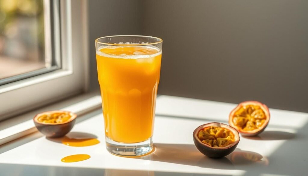 A vibrant glass filled with a luscious, golden-hued passion fruit juice, its surface glistening with the gentle swirl of honey. Sunlight streams through the window, casting a warm, natural glow on the scene. The juice's frothy, effervescent texture is accentuated by the delicate bubbles that rise to the surface, while the honey's rich, amber tones provide a soothing, comforting counterpoint. The composition is balanced, with the juice taking center stage, surrounded by a minimalist, clean background that allows the drink's natural beauty to shine. The overall mood is one of tranquility and relaxation, inviting the viewer to savor the restorative properties of this natural, stress-relieving elixir. Um copo vibrante cheio de um suco de maracujá luscious, de tom dourado, sua superfície brilhando com o suave redemoinho de mel. A luz do sol entra pela janela, lançando um brilho quente e natural na cena. A textura espumosa e efervescente do suco é acentuada pelas delicadas bolhas que sobem à superfície, enquanto os ricos tons âmbar do mel proporcionam um contraponto suave e reconfortante. A composição é equilibrada, com o suco ocupando o centro do palco, cercado por um fundo minimalista e limpo que permite à beleza natural da bebida brilhar. O clima geral é de tranquilidade e relaxamento, convidando o espectador a saborear as propriedades restauradoras deste elixir natural que alivia o estresse.