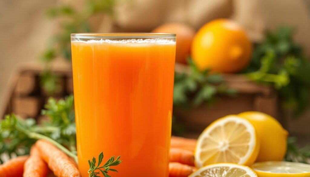 A vibrant glass of freshly squeezed carrot and lemon juice, illuminated by warm, natural lighting. In the foreground, a close-up view showcases the rich, golden-orange hue of the carrot juice, complemented by the bright, zesty lemon wedges nestled alongside. The middle ground features a selection of whole carrots and lemons, their shapes and textures emphasizing the nutritional benefits of this simple, yet nourishing beverage. In the background, a soft, blurred backdrop of earthy tones and greenery creates a sense of freshness and vitality. The overall composition and lighting evoke a feeling of health, refreshment, and the valuable nutritional properties of this carrot and lemon juice combination. Um copo vibrante de suco de cenoura e limão recém-espremido, iluminado por uma luz natural e quente. Em primeiro plano, uma visão aproximada destaca o rico tom laranja-dourado do suco de cenoura, complementado pelas brilhantes e ácidas fatias de limão dispostas ao lado. No plano intermediário, há uma seleção de cenouras inteiras e limões, suas formas e texturas enfatizando os benefícios nutricionais dessa bebida simples, mas nutritiva. Ao fundo, um cenário suave e borrado de tons terrosos e vegetação cria uma sensação de frescor e vitalidade. A composição e a iluminação evocam uma sensação de saúde, refrescância e as valiosas propriedades nutricionais dessa combinação de suco de cenoura e limão.