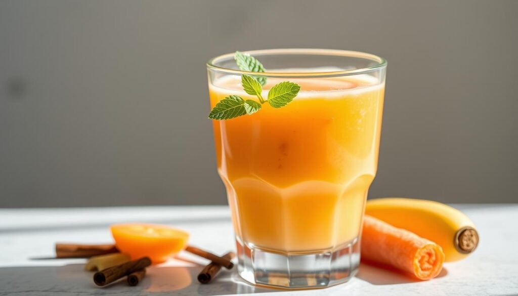 A vibrant glass tumbler filled to the brim with a creamy, golden-orange liquid. Freshly squeezed carrot and banana puree, blended to a silky smooth texture, float effortlessly in the transparent vessel. Specks of vanilla bean and cinnamon add subtle warmth, while a sprig of mint provides a refreshing counterpoint. Soft, diffused natural light bathes the scene, casting a gentle glow and highlighting the drink's inviting, appetizing appearance. The overall composition conveys a sense of health, vitality and natural goodness, perfectly capturing the essence of the "Receita de suco de cenoura com banana" section. Um copo de vidro vibrante, cheio até a borda com um líquido cremoso, de tom laranja-dourado. Purê de cenoura e banana recém-espremidos, misturados até obter uma textura suave e sedosa, flutuam suavemente no recipiente transparente. Toques de baunilha e canela adicionam um toque sutil de calor, enquanto um raminho de hortelã proporciona um contraponto refrescante. Uma luz natural suave e difusa banha o ambiente, projetando um brilho suave e realçando a aparência convidativa e apetitosa da bebida. A composição geral transmite uma sensação de saúde, vitalidade e benefícios naturais, capturando perfeitamente a essência da seção "Receita de suco de cenoura com banana".