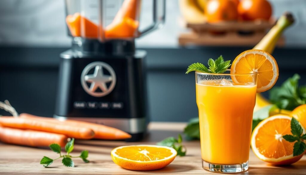 A vibrant, refreshing fruit juice scene with a glass of orange-colored liquid, garnished with a slice of orange and a sprig of mint. The glass is placed on a wooden table, with a blender and fresh produce such as carrots, bananas, and oranges in the background, bathed in soft, natural lighting. The composition conveys a sense of health, energy, and simplicity, reflecting the "Dicas e Truques para um Suco Perfeito" section of the article. Uma cena vibrante e refrescante de suco de fruta com um copo de líquido cor de laranja, decorado com uma fatia de laranja e um raminho de hortelã. O copo está sobre uma mesa de madeira, com um liquidificador e produtos frescos como cenouras, bananas e laranjas ao fundo, banhados por uma iluminação suave e natural. A composição transmite uma sensação de saúde, energia e simplicidade, refletindo a seção "Dicas e Truques para um Suco Perfeito" do artigo.