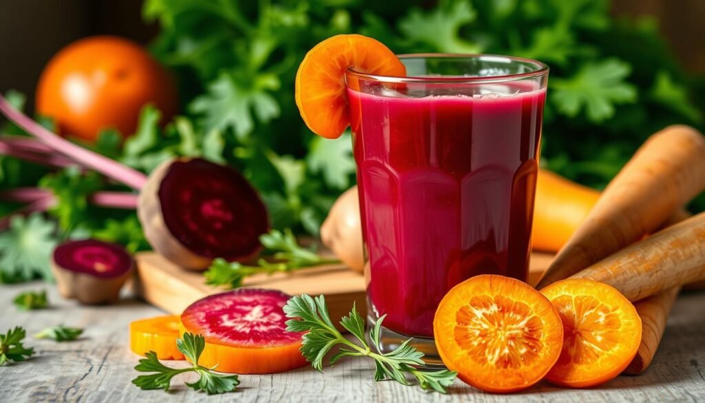 A vibrant, richly-colored still life showcasing the health benefits of a beetroot and carrot juice blend. In the foreground, a glass tumbler filled with the deep crimson-orange liquid, accented by fresh slices of beetroot and carrot. In the middle ground, a wooden cutting board with the whole vegetables, their earthy tones and organic textures complementing the juice. The background features lush greenery, perhaps leaves or herbs, creating a natural, wellness-inspired atmosphere. Soft, natural lighting illuminates the scene, highlighting the nutrients and goodness within the nourishing juice. Evocative of a rustic, wholesome lifestyle, this image conveys the vibrant energy and therapeutic properties of this vitamin-rich beverage. Uma natureza-morta vibrante e rica em cores que destaca os benefícios para a saúde de uma mistura de suco de beterraba e cenoura. Em primeiro plano, um copo de vidro cheio do líquido vermelho-alaranjado intenso, realçado por fatias frescas de beterraba e cenoura. No centro, uma tábua de corte de madeira com os vegetais inteiros, seus tons terrosos e texturas orgânicas complementando o suco. O fundo apresenta vegetação exuberante, talvez folhas ou ervas, criando uma atmosfera natural e inspirada no bem-estar. Uma iluminação suave e natural ilumina a cena, destacando os nutrientes e as qualidades do suco nutritivo. Evocando um estilo de vida rústico e saudável, esta imagem transmite a energia vibrante e as propriedades terapêuticas desta bebida rica em vitaminas.