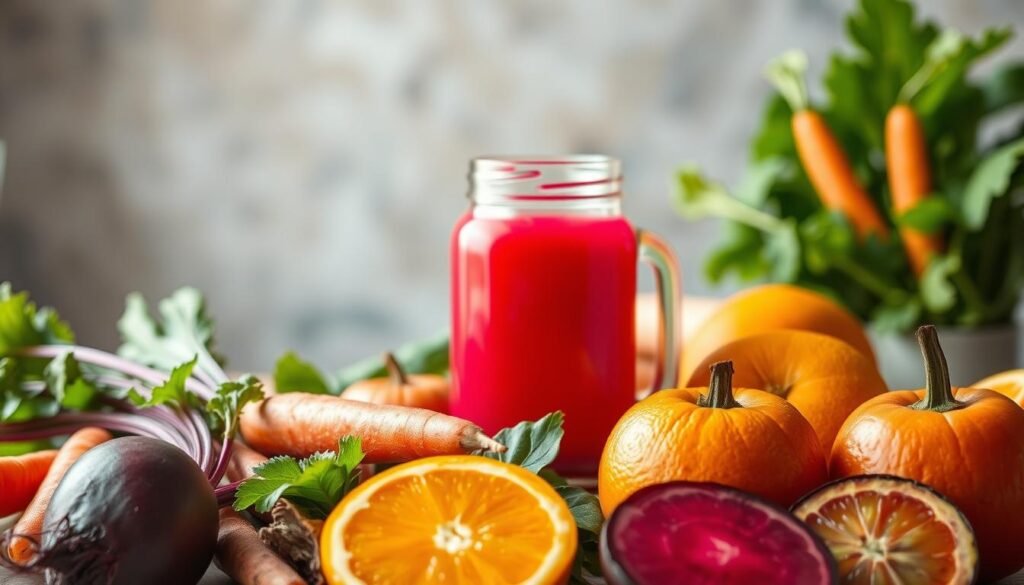 A vibrant still life of an assortment of natural antioxidants. In the foreground, a selection of fresh produce including beets, carrots, and oranges, their rich colors and textures filling the frame. In the middle ground, a glass jar filled with a vibrant red liquid, casting a warm glow. The background is softly blurred, creating a sense of depth and focus on the main subjects. The lighting is natural and diffused, highlighting the natural beauty of the ingredients. The composition is balanced and harmonious, inviting the viewer to appreciate the nutritional and visual appeal of these wholesome, antioxidant-rich elements. Suco de Beterraba com Cenoura e Laranja: Combo Vitamínico para o Corpo
