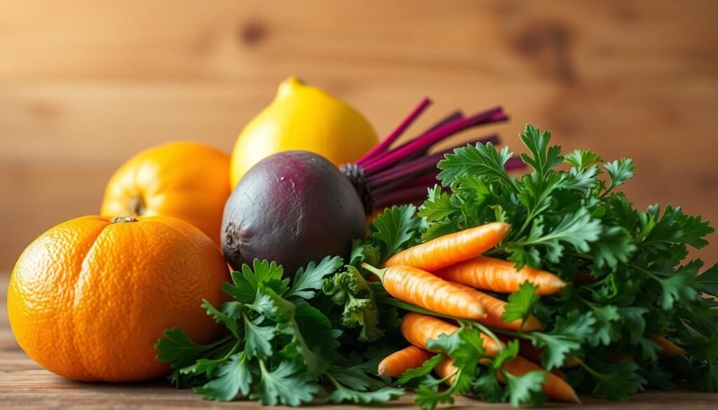 A vibrant still life showcasing a healthy combination of vegetables and fruits. In the foreground, a ripe orange, a bright yellow lemon, and a deep red beet are artfully arranged. In the middle ground, lush green leaves of carrots and leafy greens spill out, their vibrant colors accentuated by soft, natural lighting. The background features a wooden surface, lending a rustic, earthy tone to the scene. The lighting is warm and diffused, creating a sense of depth and atmosphere. The overall composition is balanced and visually appealing, capturing the essence of a nourishing, vitamin-rich combination. Suco de Beterraba com Cenoura e Laranja