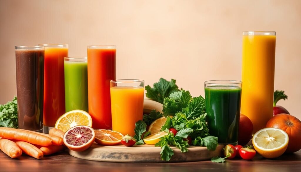 A vibrant still life showcasing an array of healthy juice variations. In the foreground, an assortment of freshly squeezed juices in tall glasses, their colors ranging from deep orange to lush green, complemented by sliced fruits and vegetables. In the middle ground, a wooden cutting board displays various ingredients, including carrots, bananas, leafy greens, and citrus fruits, artfully arranged. The background features a neutral, warm-toned backdrop, allowing the vivid hues of the juices and produce to take center stage. Soft, diffused lighting casts gentle shadows, creating depth and a sense of inviting warmth. The overall composition exudes a sense of nourishment, vitality, and the versatility of healthy juice combinations. Uma natureza-morta vibrante apresentando uma variedade de variações de sucos saudáveis. Em primeiro plano, uma variedade de sucos frescos em copos altos, com cores que variam do laranja intenso ao verde vibrante, complementados por fatias de frutas e vegetais. No centro, uma tábua de corte de madeira exibe diversos ingredientes, incluindo cenouras, bananas, folhas verdes e frutas cítricas, artisticamente dispostos. O fundo apresenta um fundo neutro e em tons quentes, permitindo que os tons vibrantes dos sucos e produtos sejam o centro das atenções. Uma iluminação suave e difusa projeta sombras suaves, criando profundidade e uma sensação de aconchego convidativo. A composição geral exala uma sensação de nutrição, vitalidade e a versatilidade das combinações de sucos saudáveis.